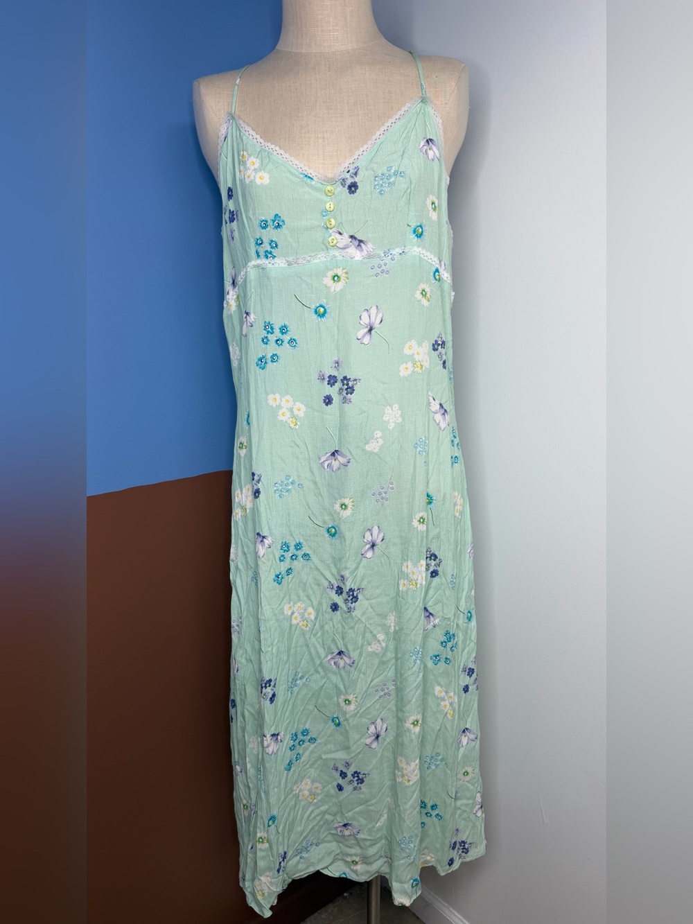 Vintage Trendy Looks Light Green Floral Slip Dress Sundress Spaghetti Straps L